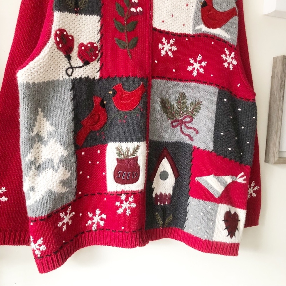 Vintage Croft Barrow Red Winter Patchwork Cardinal Snowflake Full Zip Sweater XL - Picture 10 of 14